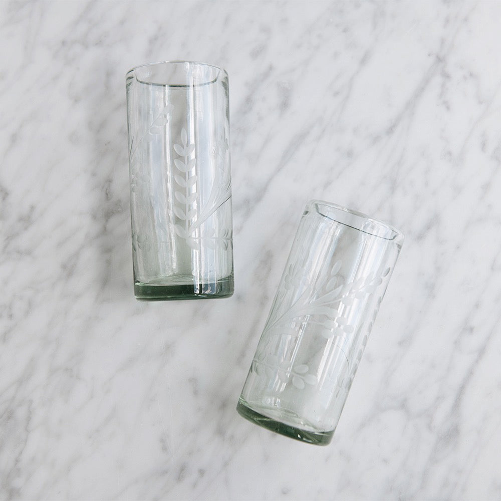 Floral Hand-etched Recycled Glassware