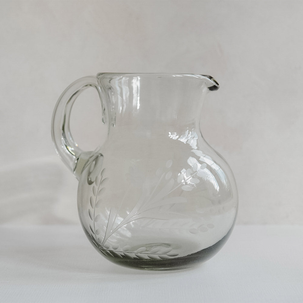 Etched Round Artisan Glass Pitcher