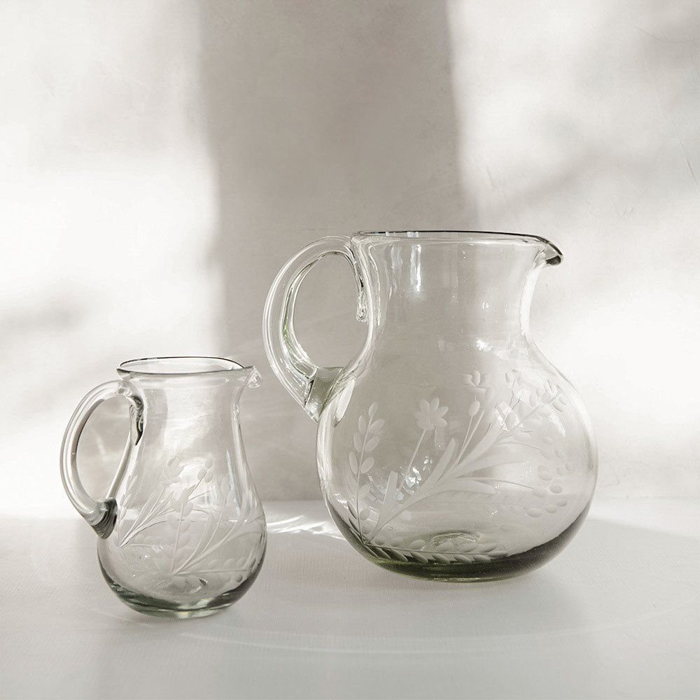 Etched Round Artisan Glass Pitcher